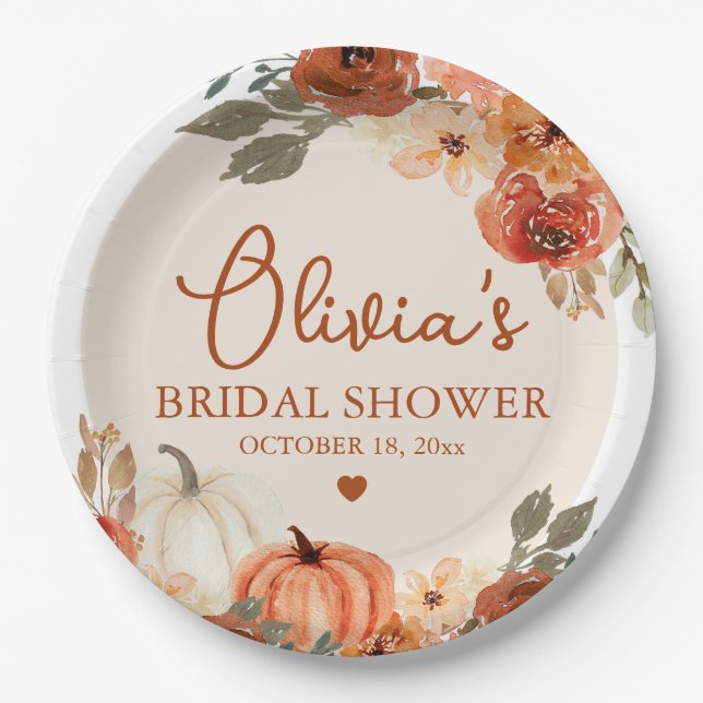 Fall in Love Boho Terracotta Pumpkin Bridal Shower Paper Plates (Front)
