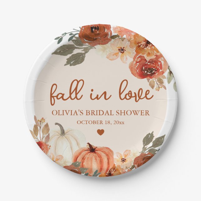 Fall in Love Boho Terracotta Pumpkin Bridal Shower Paper Plates (Front)