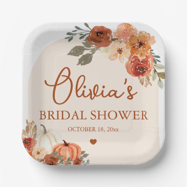 Fall in Love Boho Terracotta Pumpkin Bridal Shower Paper Plates (Front)