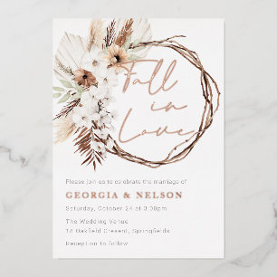 Fall in Love Boho Wreath Wedding Rose Gold Foil Invitation