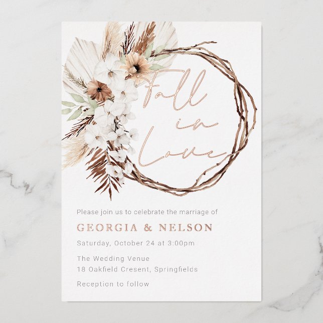 Fall in Love Boho Wreath Wedding Rose Gold Foil Invitation (Front)