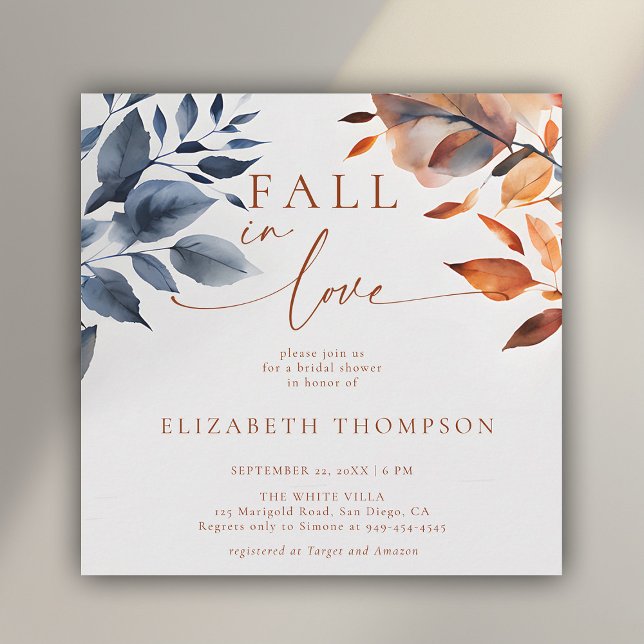 Fall in Love Botanical Duo Leaves Bridal Shower Invitation (fall in love bridal shower invitation modern calligraphy botanical leaves orange blue elegant rustic)