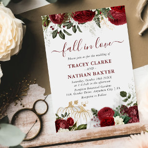 'Fall In Love' Botanical Floral Pumpkin Wedding Invitation