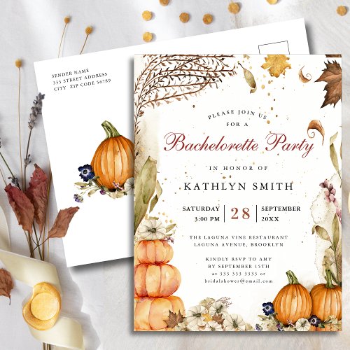 Fall In Love Botanical Pumpkin Bachelorette Party Invitation Postcard