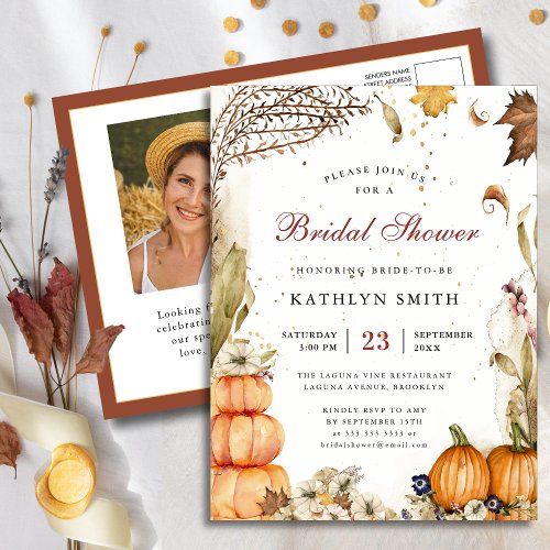 Fall In Love Botanical Pumpkin Bridal Shower Invitation Postcard