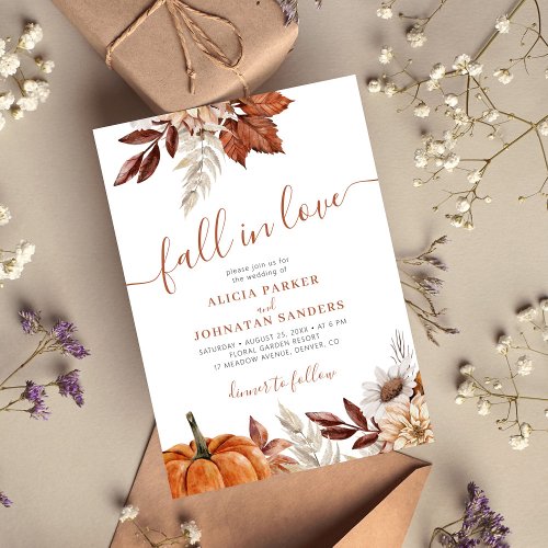 Fall in Love botanical watercolor pumpkin wedding Invitation