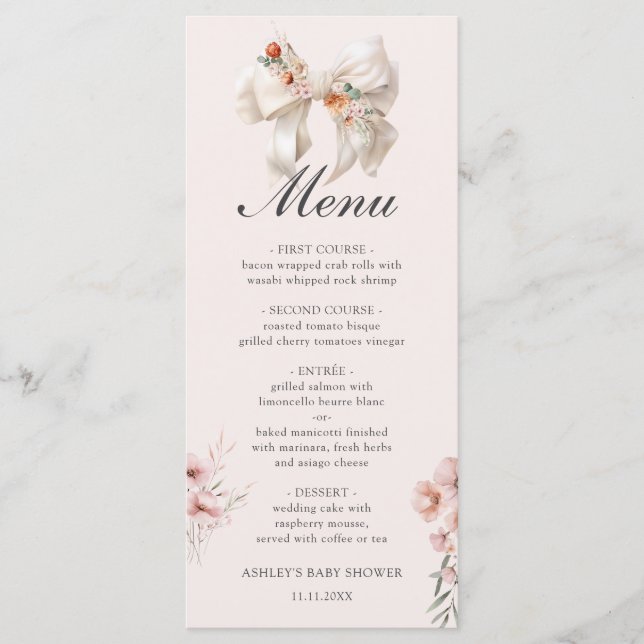 Fall in Love Bow Floral Baby Shower Menu (Front)