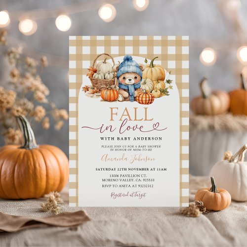 Fall in Love Boy Bear In The Basket Baby Shower Invitation