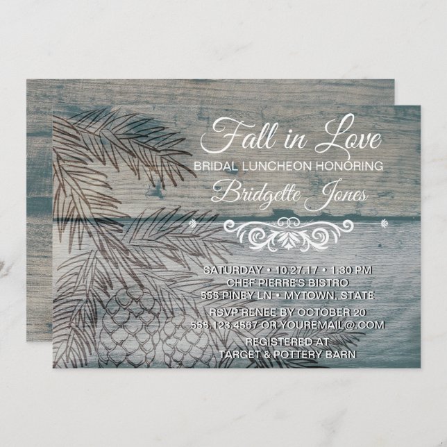 Fall in Love Bridal Luncheon Rustic Pine Tree Invitation (Front/Back)