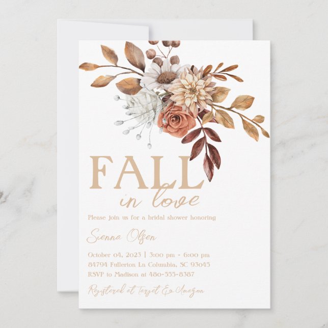 Fall in Love Bridal Shower, Autumn Bridal Shower Invitation (Front)