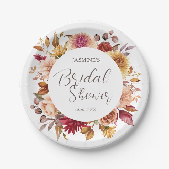 Fall in Love Bridal Shower | Autumn Floral  Paper Plates (Front)
