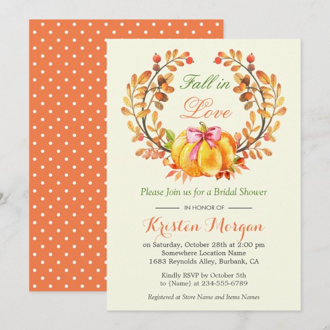 Fall in Love Bridal Shower Autumn Pumpkin Floral Invitation (Front/Back)