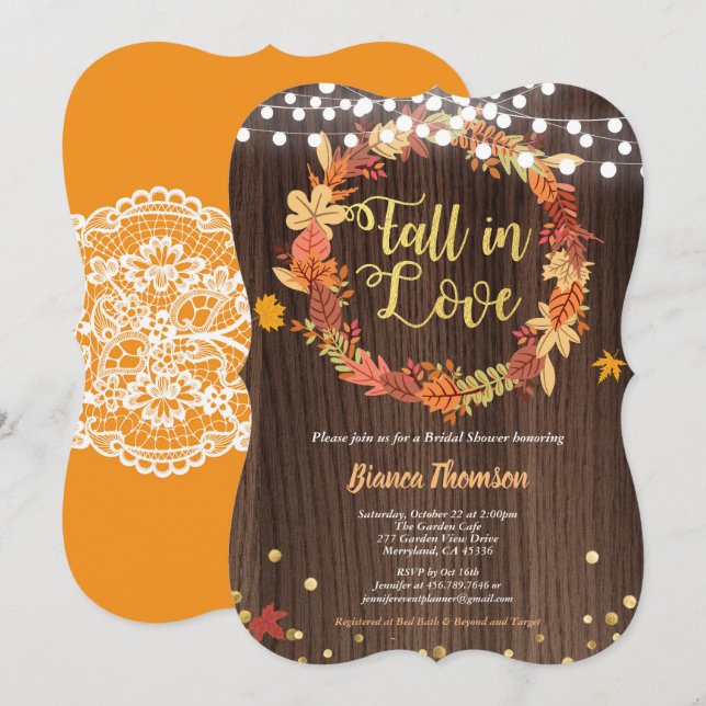 Fall in love bridal shower Autumn wreath rustic Invitation (Front/Back)