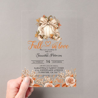 Fall in Love Bridal Shower boho Flowers Pumpkin Acrylic Invitations