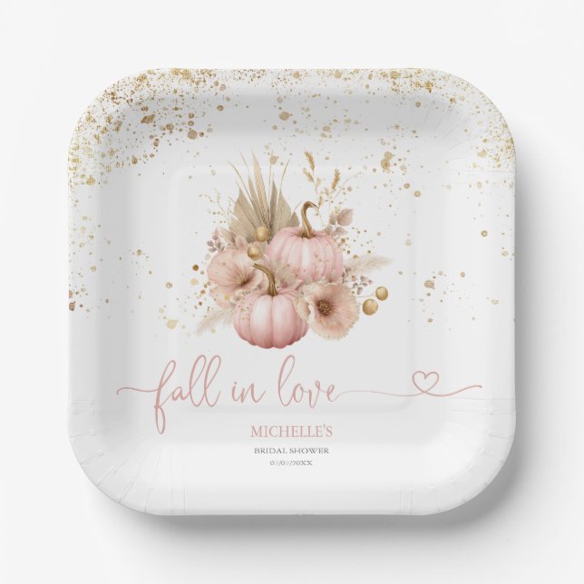 Fall in Love Bridal Shower Boho Flowers Pumpkin Paper Plates (Front)