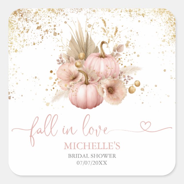 Fall in Love Bridal Shower Boho Flowers Pumpkin Square Sticker (Front)