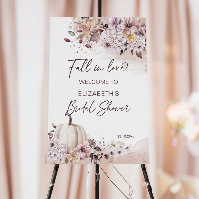 Fall in love bridal shower boho welcome sign (Fall in love boho pastel pumpkin dahlia bridal shower welcome sign board fall themed bridal shower)