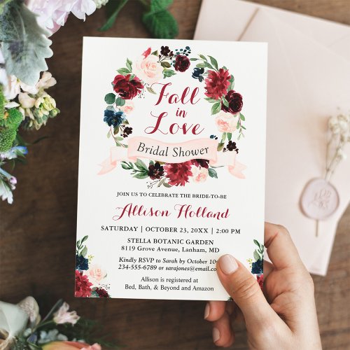 Fall in Love Bridal Shower Burgundy Floral Wreath Invitation