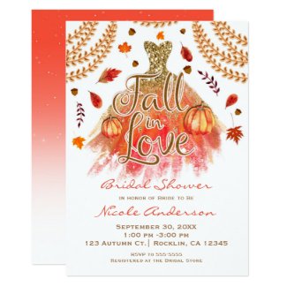 Fall in Love Bridal Shower Dress & Autumn Leaves Invitation