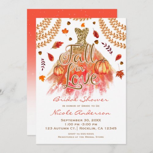 Fall in Love Bridal Shower Dress  Autumn Leaves Invitation