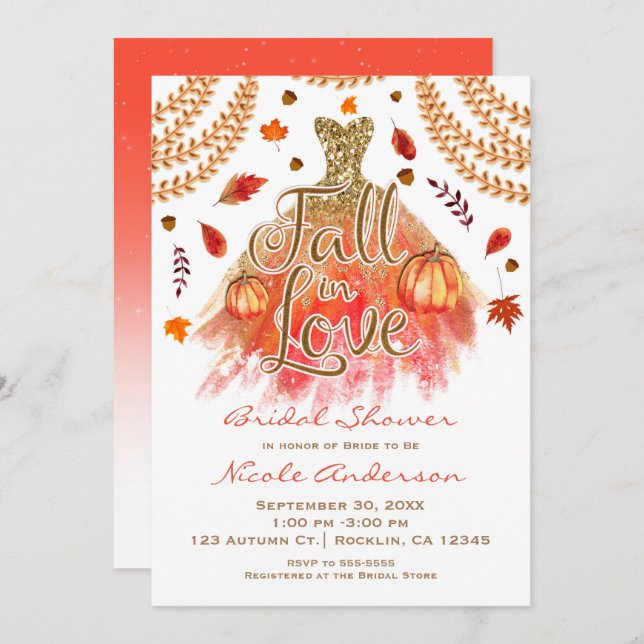 Fall in Love Bridal Shower Dress & Autumn Leaves Invitation (Front/Back)
