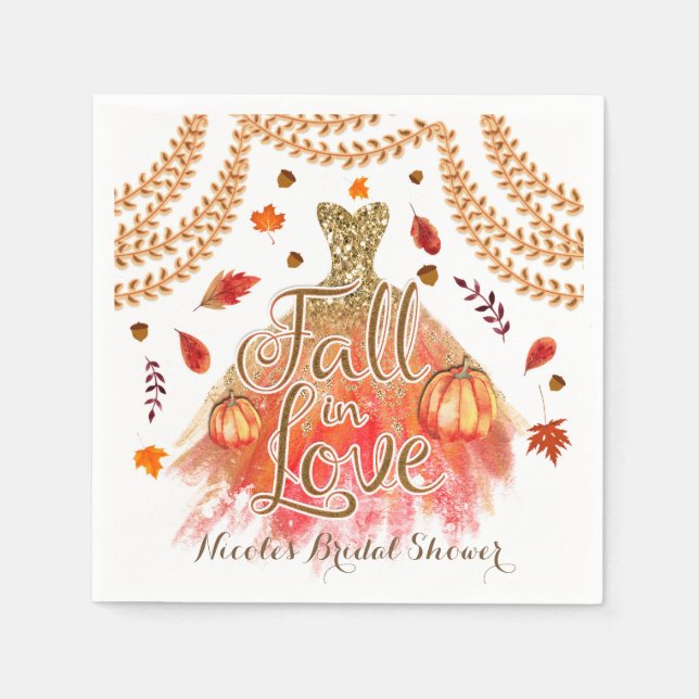Fall in Love Bridal Shower Dress & Autumn Leaves Paper Napkins (Front)