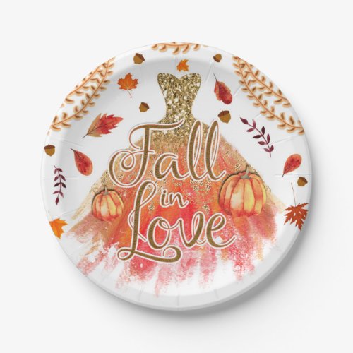 Fall in Love Bridal Shower Dress  Autumn Leaves Paper Plates