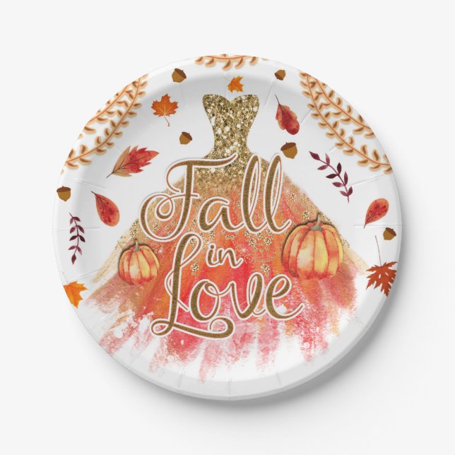 Fall in Love Bridal Shower Dress & Autumn Leaves Paper Plates (Front)