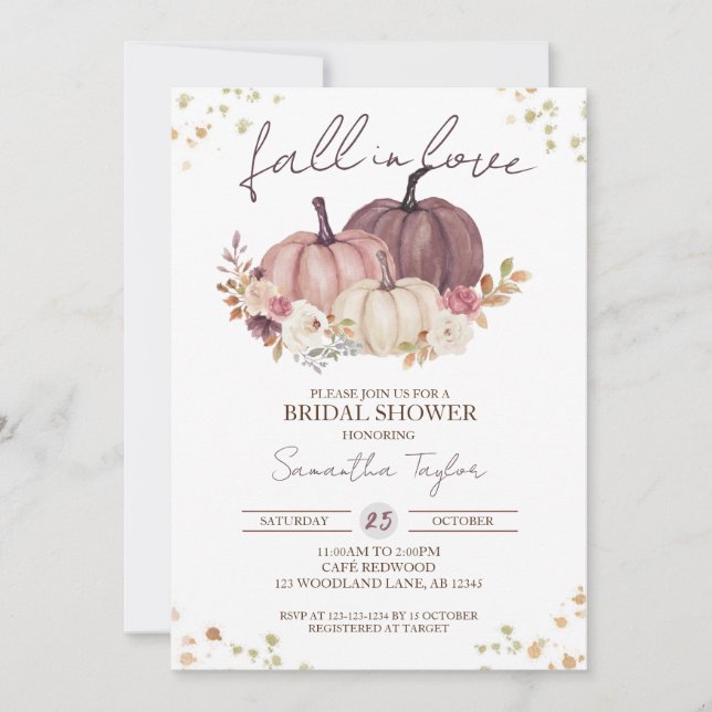 Fall in Love Bridal Shower, Dusty Pink Pumpkin Invitation (Front)
