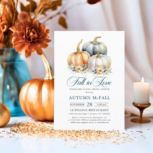 Fall in Love Bridal Shower Gold Blue Pumpkins Invitation