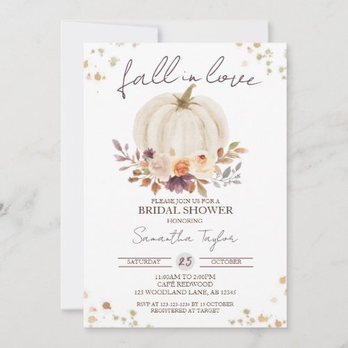 Fall in Love Bridal Shower Gold White Pumpkin Invitation