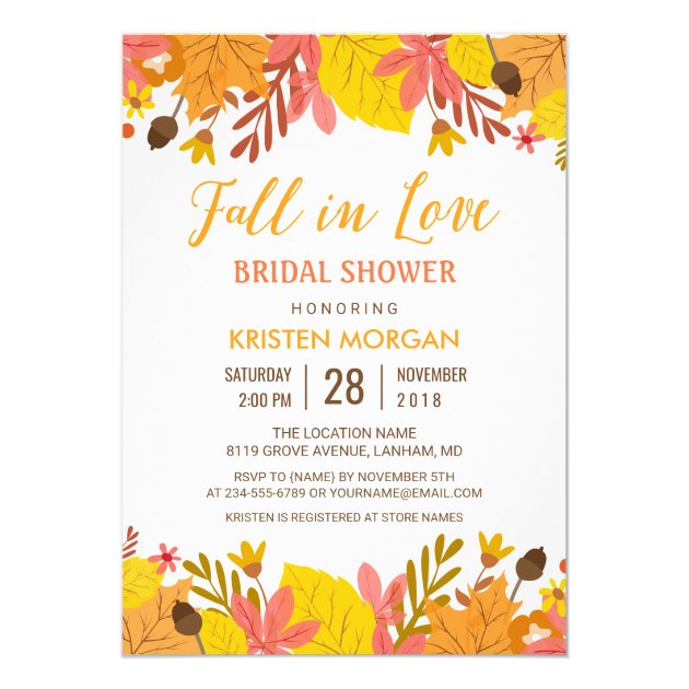 Fall In Love Bridal Shower Graceful Autumn Leaves Invitation