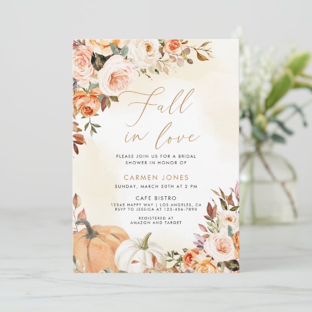 Fall in love Bridal Shower Invitation, Pumpkin Invitation (Standing Front)