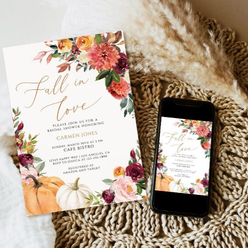 Fall in love Bridal Shower Invitation Pumpkin Invitation