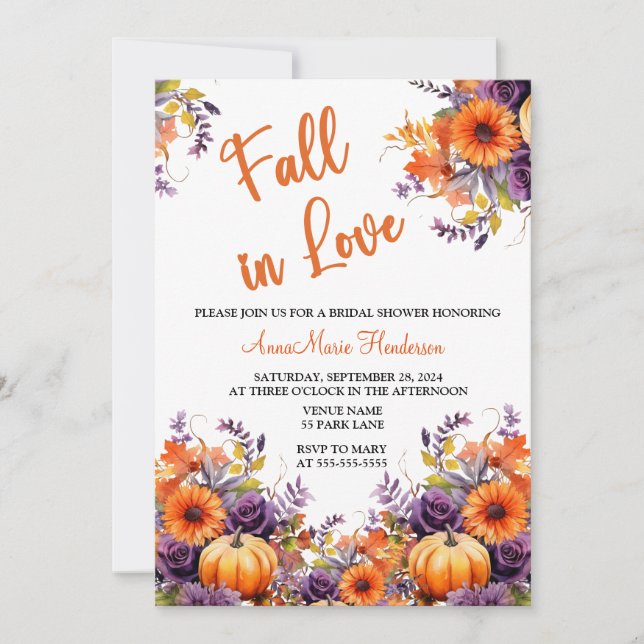 Fall in Love Bridal Shower Pumpkin Purple Flowers Invitation (Front)
