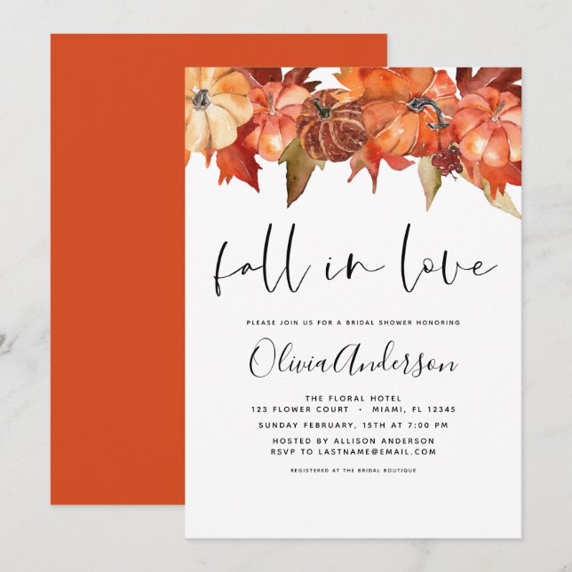Fall in Love Bridal Shower Pumpkins Burnt Orange Invitation (Front/Back)