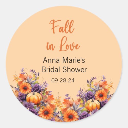 Fall in Love Bridal Shower Purple Flowers Pumpkin  Classic Round Sticker