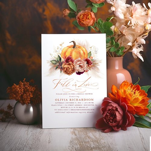 Fall in Love Bridal Shower Rust Flowers Pumpkin  I Invitation