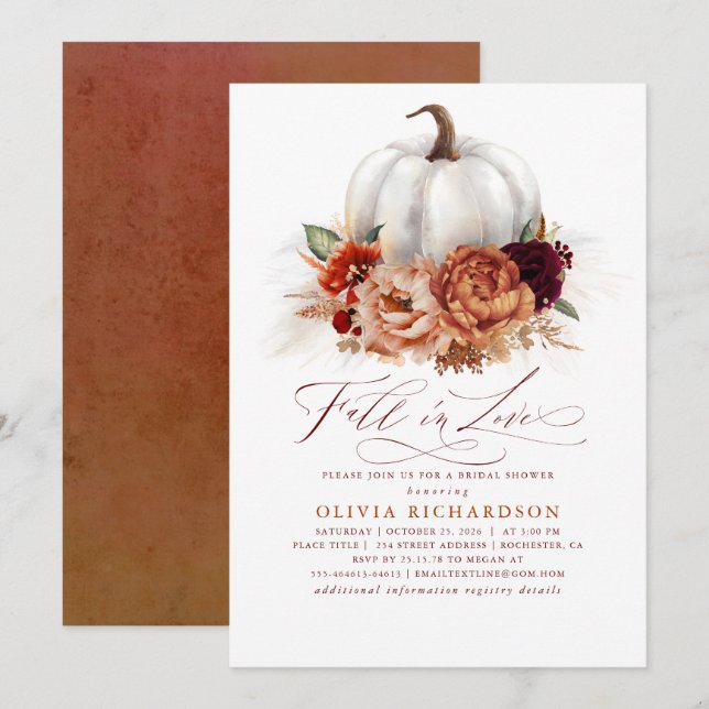 Fall in Love Bridal Shower Rust Flowers Pumpkin In Invitation (Front/Back)