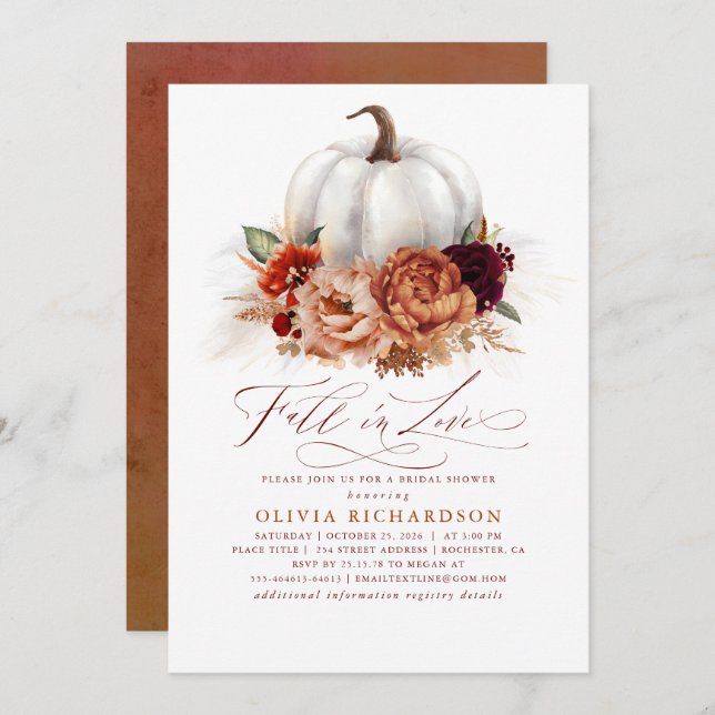 Fall in Love Bridal Shower Rust Flowers Pumpkin In Invitation (Front/Back)