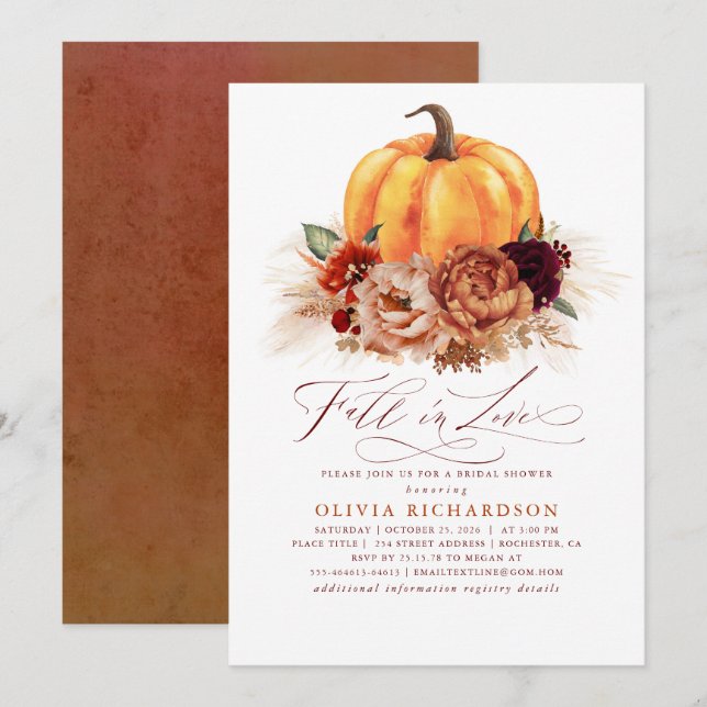 Fall in Love Bridal Shower Rust Flowers Pumpkin Invitation (Front/Back)