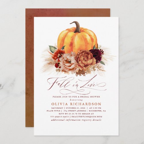 Fall in Love Bridal Shower Rust Flowers Pumpkin Invitation