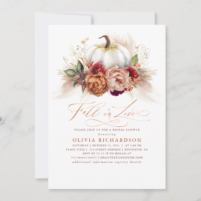Fall in Love Bridal Shower Rust Flowers Pumpkin  Invitation (Front)