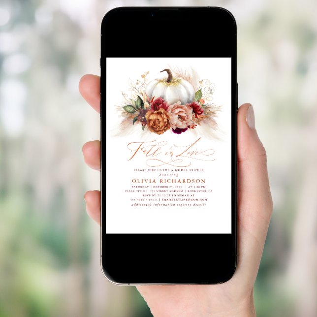 Fall in Love Bridal Shower Rust Flowers Pumpkin  Invitation (Front Digital)