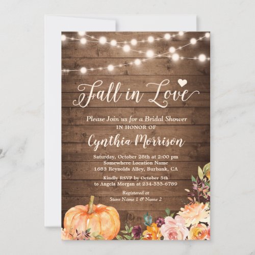 Fall in Love Bridal Shower Rustic Pumpkin Floral Invitation - Fall in Love Bridal Shower Rustic String Lights Pumpkin Floral Invitation  
(1) For further customization, please click the "customize further" link and use our design tool to modify this template. 
(2) If you prefer Thicker papers / Matte Finish, you may consider to choose the Matte Paper Type. 
(3) If you need help or matching items, please contact me.