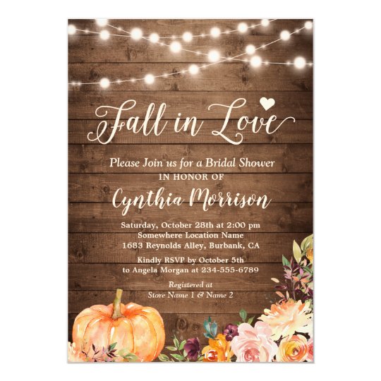 Fall In Love Bridal Shower Rustic Pumpkin Floral Invitation