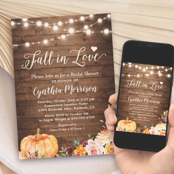 Fall In Love Bridal Shower Rustic Pumpkin Floral Invitation by CardHunter at Zazzle