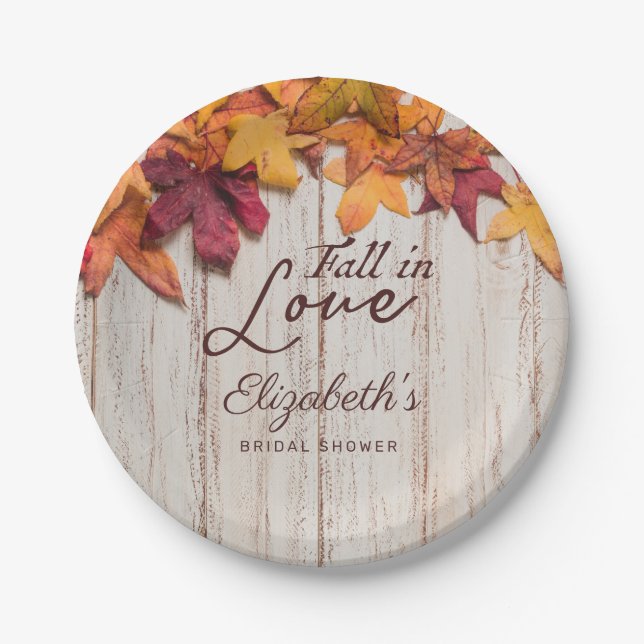 Fall in Love Bridal Shower Rustic Wood Paper Plates (Front)