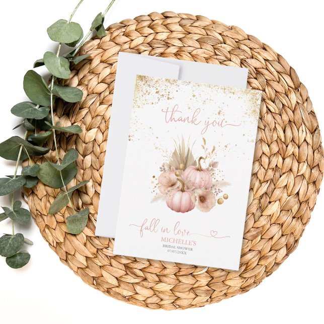 Fall in Love Bridal Shower Thank You Pumpkin (blush pink boho pumpkin with gold glitter)
