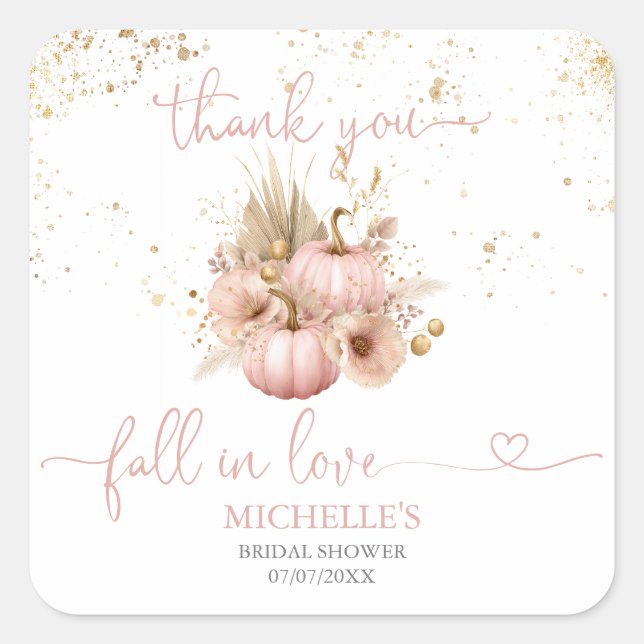 Fall in Love Bridal Shower Thank You Pumpkin Square Sticker (Front)